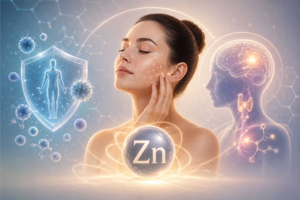 Imagen conceptual sobre el papel del zinc en la inmunidad, la regeneración de la piel y el equilibrio hormonal desde un enfoque científico y de bienestar.