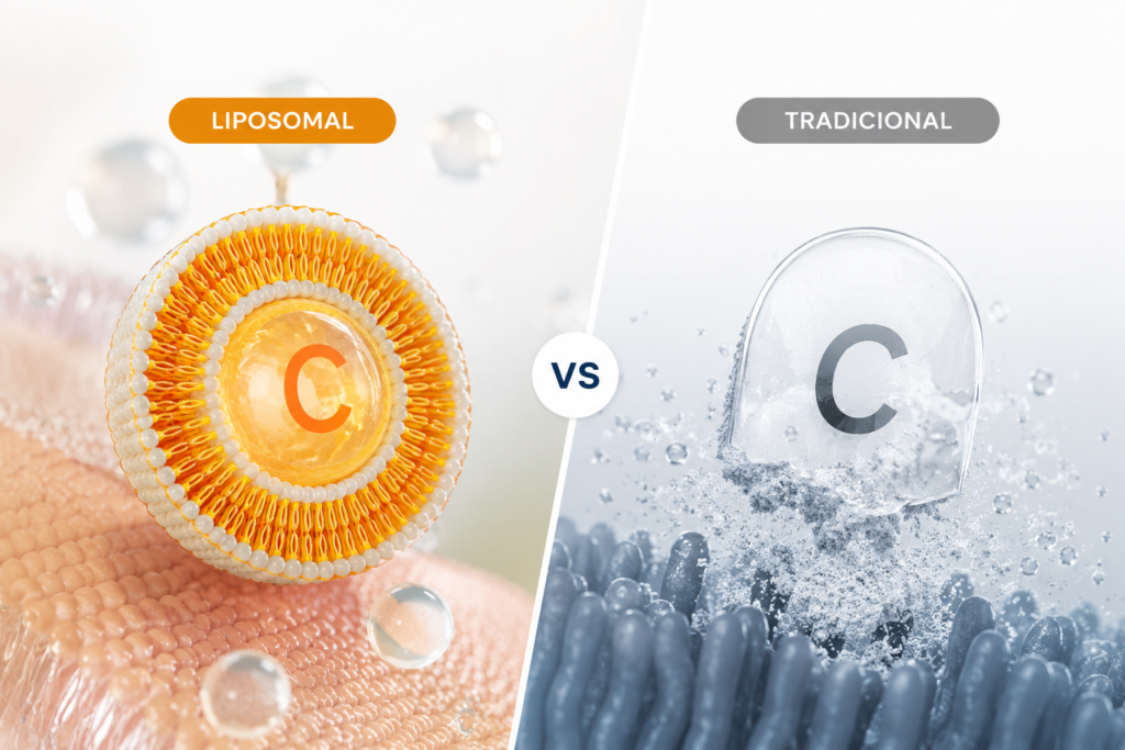 Representación de los mecanismos de absorción de la vitamina C en sus distintas formulaciones