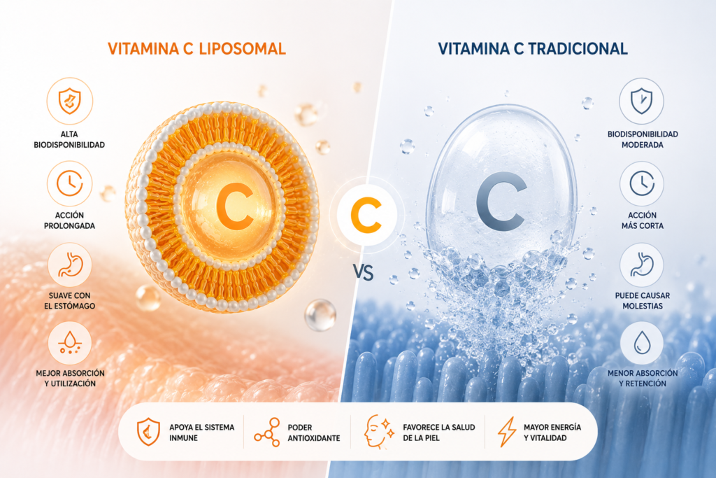 Comparativa visual de los beneficios y biodisponibilidad de la vitamina C. La diferencia no es la dosis, es la absorción.